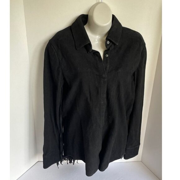 RTA Suede Shirt Jacket Womens Small Black Fringed Leather Snap Front Slim - Picture 1 of 11